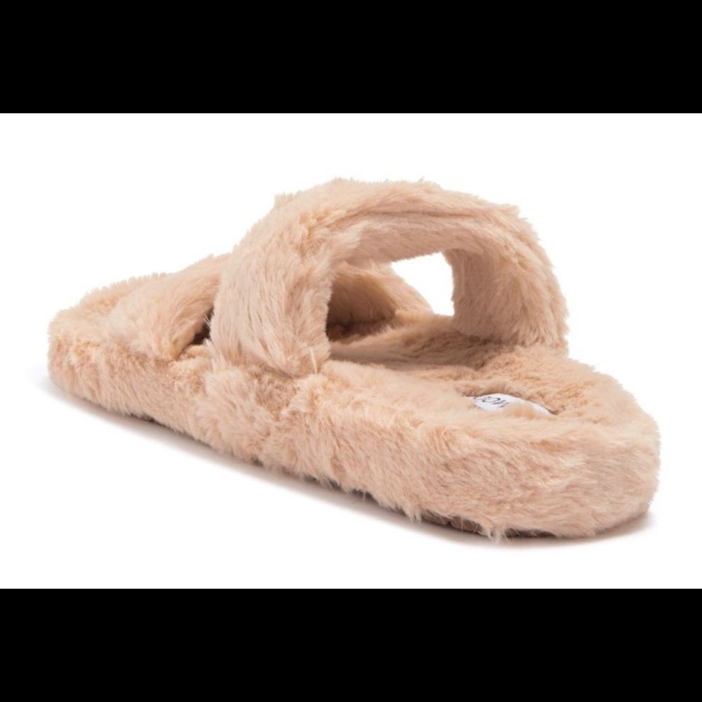 Top Moda Faux Fur Chunky Heel Sandal Mule Beige - Picture 2 of 7
